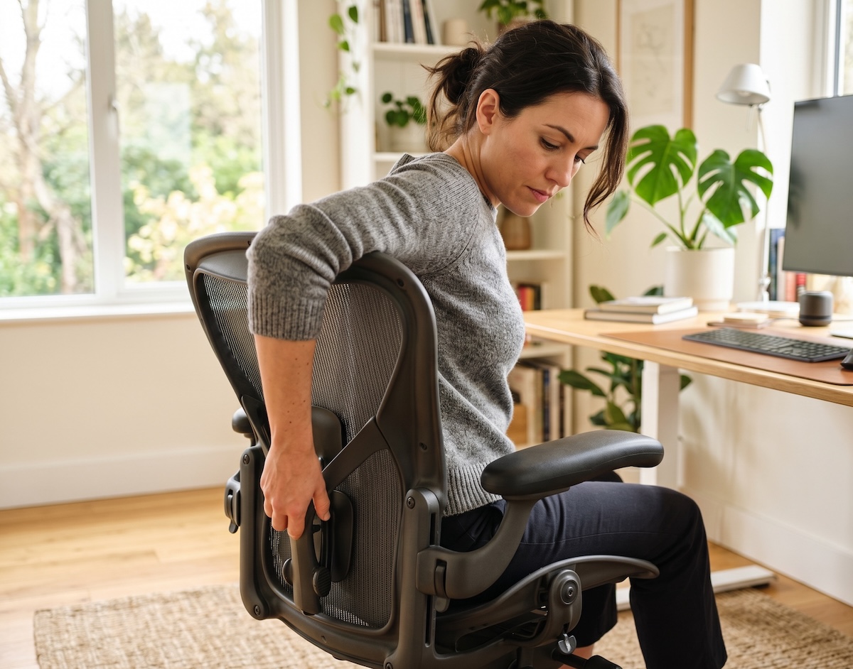 Persoon stelt een ergonomische bureaustoel in