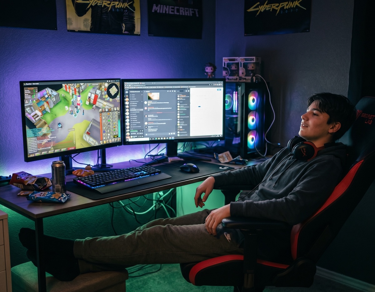 Gamer zit in een gamestoel achter een dual-monitor setup
